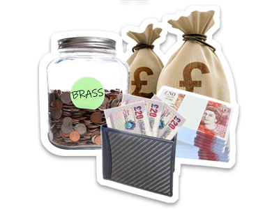 A glass jar, holding a small amount of coins. The jar is labelled AVC Extra. It's next to two sacks with pound signs on the front, as well as a stack of bank notes and a wallet holding £20 notes.
