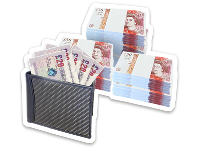 A wallet holding £20 notes, shown next to 3 piles of £50 notes