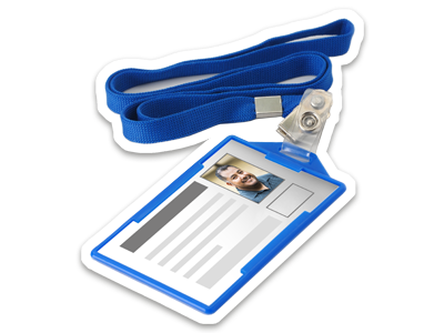 A blue lanyard holding a name badge.