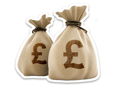 Two brown sacks, tied at the top, each with a pound sign on the front.
