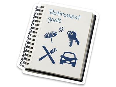 A notepad with Retirement Goals written on the front cover, alongside pictures of a beach umbrella, house keys, cutlery and a car.