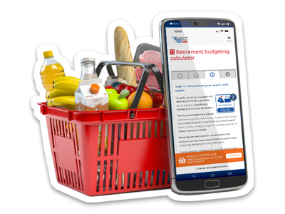 A red shopping basket full of groceries, shown next to a screen displaying the Retirement Budgeting Calculator