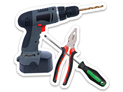 Tools including a drill, pliers and screwdriver