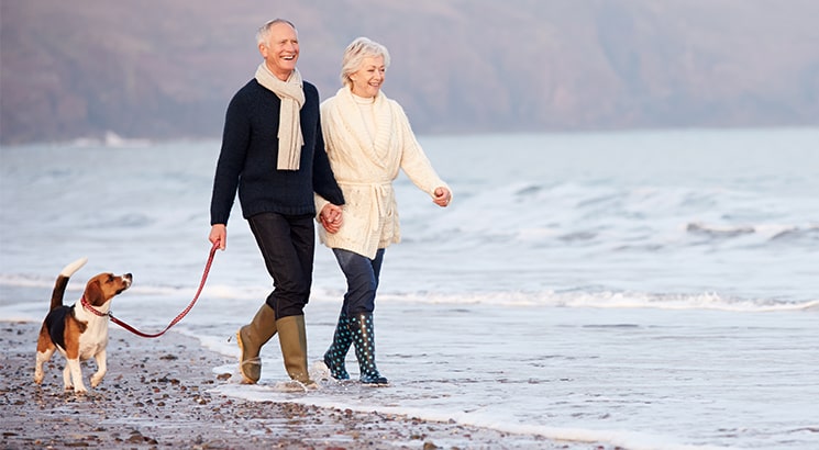 A couple walk their dog on a beach